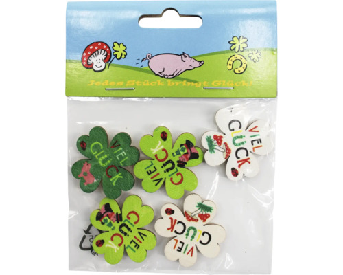 Set mit fünf Holzstreuteilen in Kleeblattform mit Glückssymbolen und Aufschrift Viel Glück in verschiedenen Farben und Ausführungen.