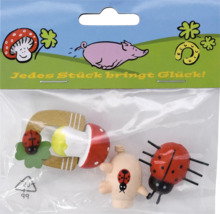 Set mit drei kleinen Glücksbringern aus Holz mit Marienkäfer, Glücksschwein und Fliegenpilz in transparenter Verpackung