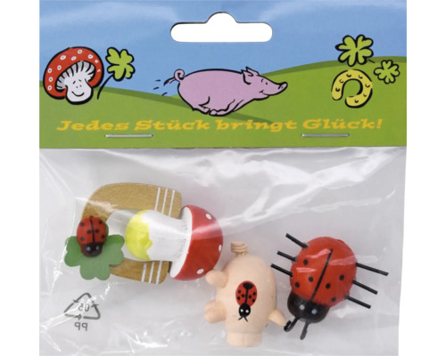 Set mit drei kleinen Glücksbringern aus Holz mit Marienkäfer, Glücksschwein und Fliegenpilz in transparenter Verpackung