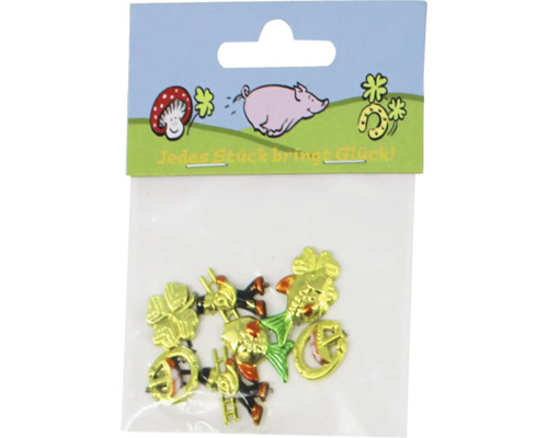 Glücksbringer Set mit verschiedenen Motiven wie Kleeblatt und Hufeisen in Kunststoffverpackung