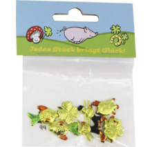 Glücksbringer Set mit kleinen dekorativen Symbolen wie Schwein, Kleeblatt und Schornsteinfeger in einer Kunststoffverpackung.