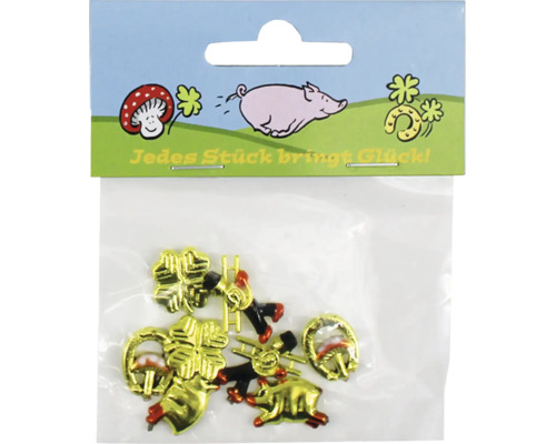 Glücksbringer Set mit Kleeblättern, Schornsteinfegern, Schweinchen und Hufeisen in Kunststoffverpackung