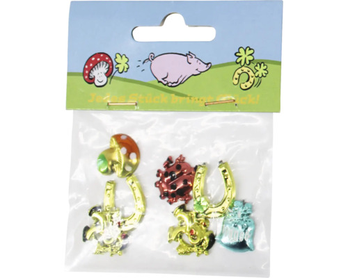 Set mit Glücksbringern bestehend aus Pilz, Marienkäfer, Hufeisen und Kleeblatt in einer Verkaufspackung zur Dekoration.