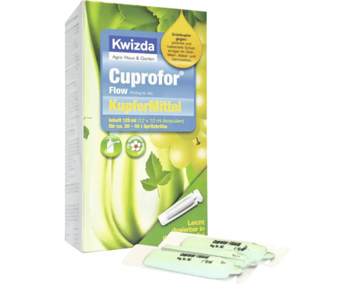 Kwizda Cuprofor Flow Kupfermittel 120 ml Packung mit 12 Ampullen zur Bekämpfung von pilzlichen und bakteriellen Erregern im Garten.
