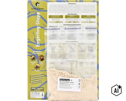 Biohelp Engerling Stopp Nematoden zur biologischen Bekämpfung von Gartenlaubkäfer, Maikäfer und Junikäfer Larven in einer Kunststoffverpackung. (Image AI modified or generated)