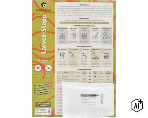 Biohelp Larven Stopp Nematoden zur biologischen Bekämpfung von Trauermücken und Thripslarven mit Anwendungshinweisen und Produktverpackung. (Image AI modified or generated)