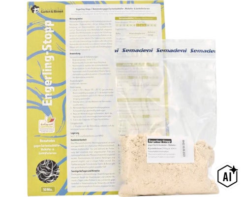 Biologisches Mittel gegen Engerlinge mit Nematoden zur Bodenanwendung in einer durchsichtigen Tüte mit Produktinformationen. (Image AI modified or generated)