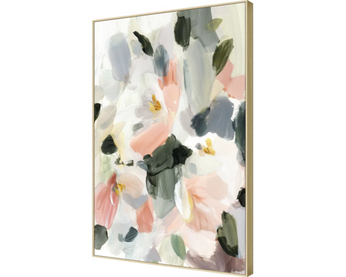Abstraktes Wandbild mit Blumenmotiv in modernem Stil, gerahmt in einem Holzrahmen.