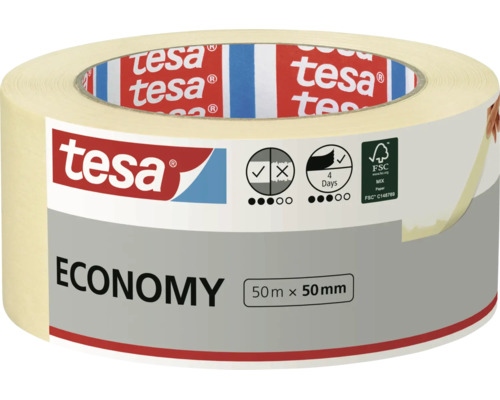 Eine Rolle tesa Economy Malerkrepp mit 50 Meter Länge und 50 Millimeter Breite für Malerarbeiten im Innenbereich.