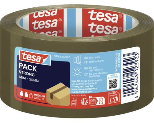 Eine Rolle tesa Pack Strong Klebeband mit 66 Metern Länge und 50 Millimetern Breite für mittelschwere Pakete.