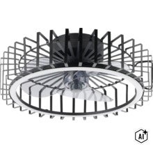 Runder Deckenventilator mit integrierter LED Beleuchtung und schwarzem Schutzgitter (Image AI modified or generated)