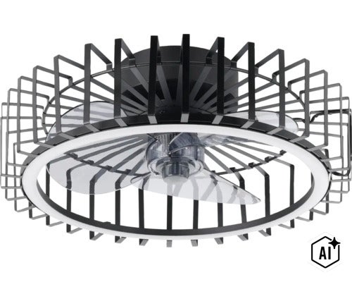 Runder Deckenventilator mit integrierter LED Beleuchtung und schwarzem Schutzgitter (Image AI modified or generated)