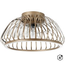 Deckenventilator mit integrierter LED Beleuchtung in Käfigoptik mit Metallstreben und transparenten Rotorblättern (Image AI modified or generated)