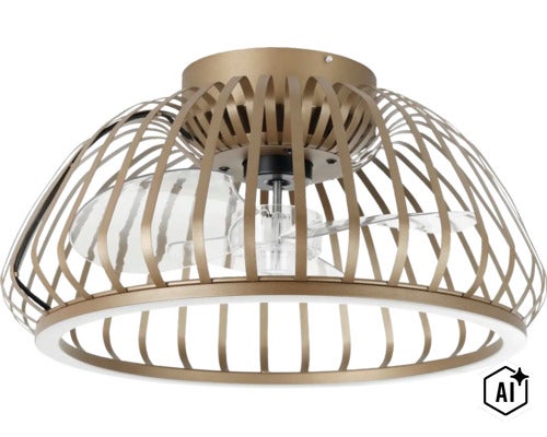 Deckenventilator mit integrierter LED Beleuchtung in Käfigoptik mit Metallstreben und transparenten Rotorblättern (Image AI modified or generated)