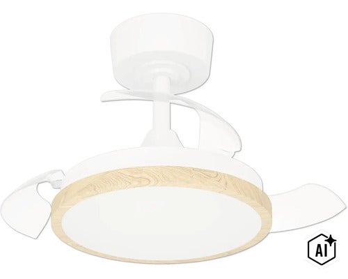 Deckenventilator mit integrierter LED Leuchte und ausklappbaren Flügeln in moderner Optik (Image AI modified or generated)