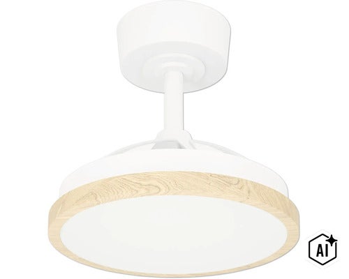 Deckenventilator mit integrierter LED Beleuchtung und Holzoptik Rahmen (Image AI modified or generated)
