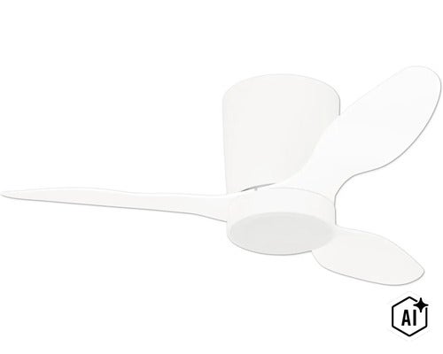 Moderner Deckenventilator mit drei Flügeln und integriertem Gehäuse für eine effiziente Luftzirkulation im Innenbereich. (Image AI modified or generated)