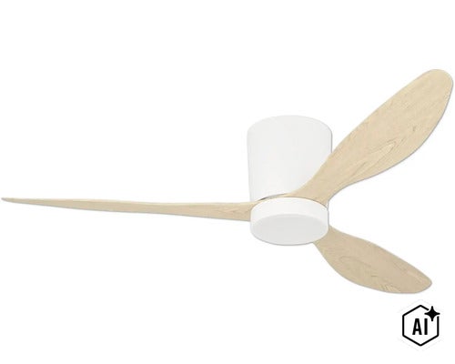 Deckenventilator mit drei Holzoptik Flugeln und zylindrischem Gehäuse (Image AI modified or generated)
