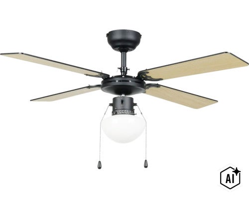 Deckenventilator mit Beleuchtung und vier Flügeln inklusive Zugschalter für die Deckenmontage (Image AI modified or generated)