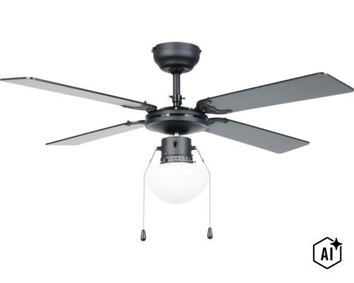 Deckenventilator mit Lampe und vier Flügeln sowie Zugschalter zur Steuerung von Licht und Ventilatorgeschwindigkeit (Image AI modified or generated)