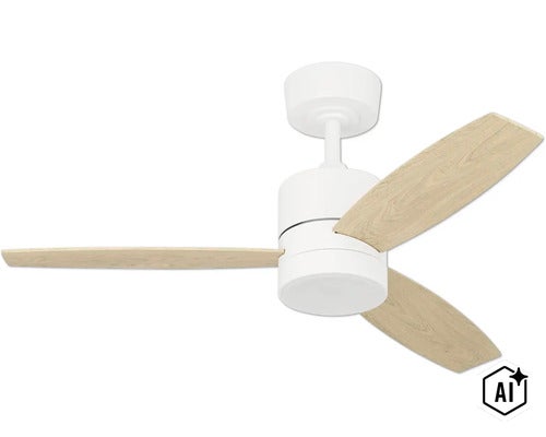 Deckenventilator mit drei Flügeln in Holzoptik und Gehäuse (Image AI modified or generated)