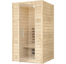 Moderne Heimsauna aus Massivholz mit einer vollflächigen Glastür und integriertem Infrarotstrahler sowie einer Sitzbank für den Innenbereich