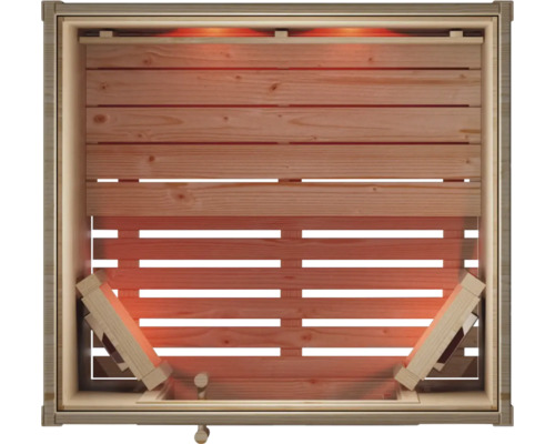Wandelement einer Infrarotkabine aus Holz mit integrierten Infrarotstrahlern