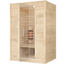 Moderne Infrarotsauna aus hellem Holz mit Glastür und integriertem Strahler für ein entspanntes Saunaerlebnis zu Hause.