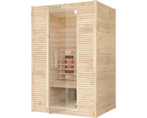 Moderne Infrarotsauna aus hellem Holz mit Glastür und integriertem Strahler für ein entspanntes Saunaerlebnis zu Hause.