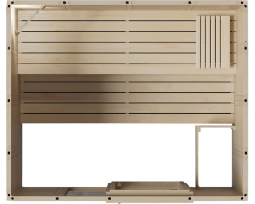 Sauna Innenausstattung aus Holz mit Liege und Ofenschutzgitter in der Draufsicht