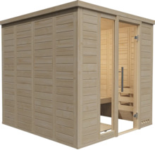 Moderne Elementsauna aus Massivholz mit Ganzglastür und Eckdesign