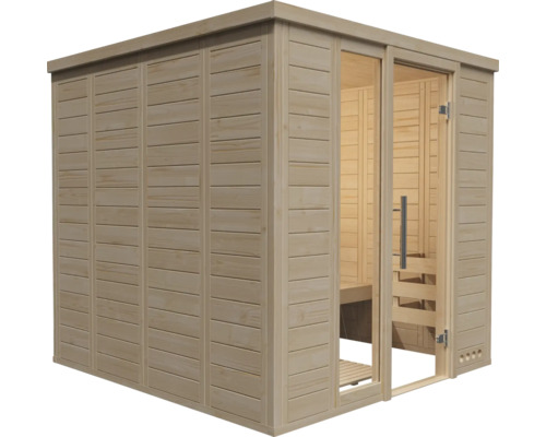Moderne Elementsauna aus Massivholz mit Ganzglastür und Eckdesign