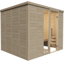 Moderne Elementsauna aus Massivholz mit einer großen Glastür und Inneneinrichtung zur Entspannung im eigenen Zuhause.