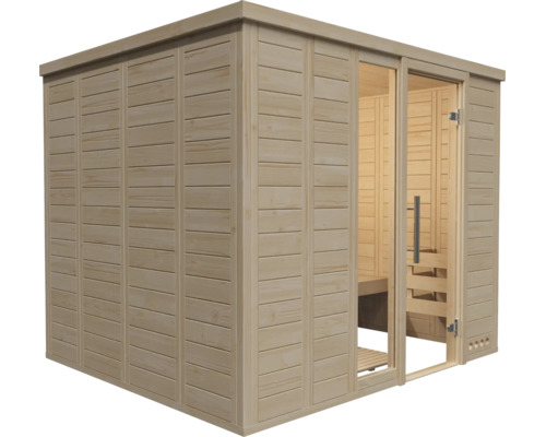 Moderne Elementsauna aus Massivholz mit einer großen Glastür und Inneneinrichtung zur Entspannung im eigenen Zuhause.