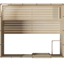 Innenansicht einer finnischen Sauna aus Holz mit eingebauter Saunaliege und Kopfstütze.