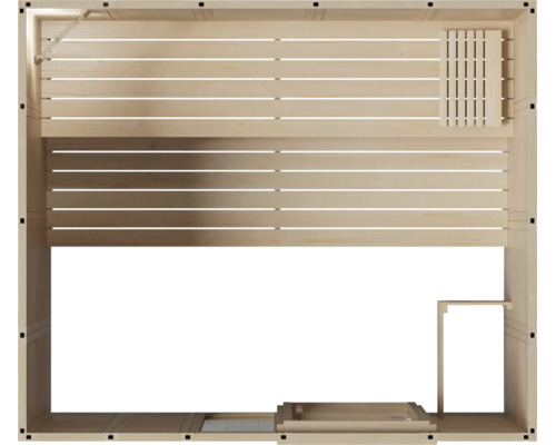 Innenansicht einer finnischen Sauna aus Holz mit eingebauter Saunaliege und Kopfstütze.