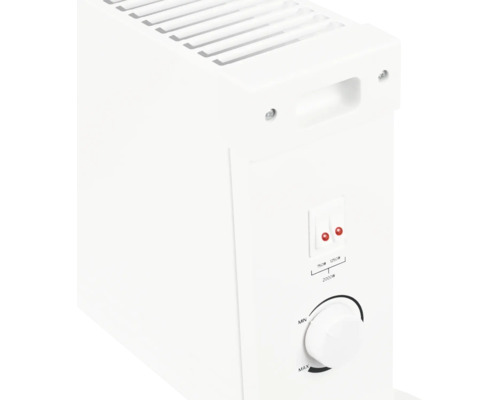 Elektrischer Konvektor mit Thermostat und Schaltern für 750 Watt und 1250 Watt Leistung zur flexiblen Raumbeheizung.