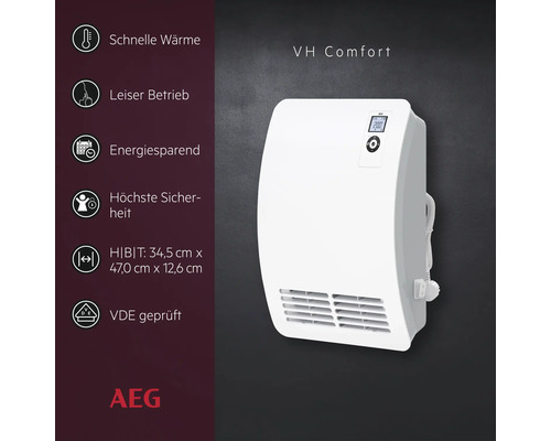 AEG Wandheizer VH Comfort mit LCD Display und Programmierfunktionen. Kompakter elektrischer Heizlüfter für schnelle Wärme und energiesparend.
