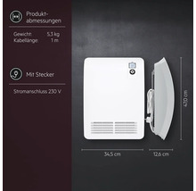 AEG Wandkonvektor mit Display und Stecker, Maße 34,5 mal 47 mal 12,6 Zentimeter, Gewicht 5,3 Kilogramm, Kabellänge 1 Meter, 230 Volt Anschluss.