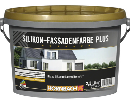 Eimer Silikon Fassadenfarbe Plus mit 2,5 Liter Inhalt für Außenwände mit Langzeitschutz und Abperleffekt.