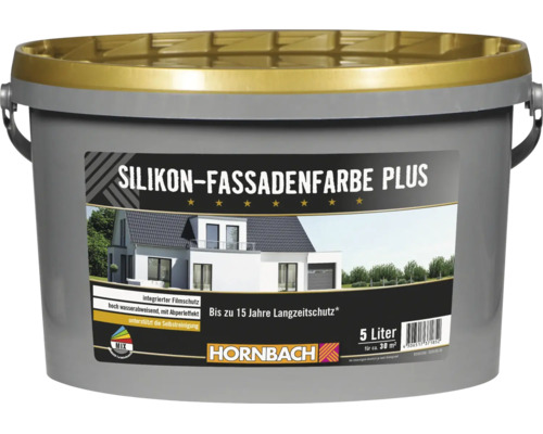 Silikon Fassadenfarbe Plus von Hornbach im 5 Liter Eimer mit 15 Jahren Langzeitschutz und integriertem Filmschutz für Fassaden.