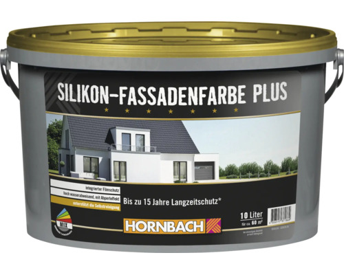 HORNBACH Silikon Fassadenfarbe Plus 10 Liter für bis zu 60 Quadratmeter Fassadenschutz mit Abperleffekt und 15 Jahren Langzeitschutz.
