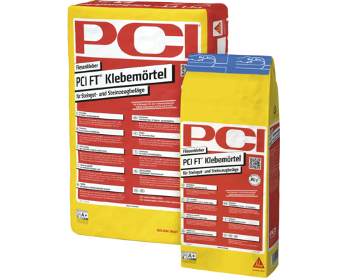 Zwei Gebinde PCI FT Klebemörtel als Fliesenkleber für Steingut und Steinzeugbeläge im Innen und Außenbereich.