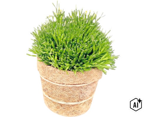 Rhipsalis Korallenkaktus Zimmerpflanze in einem runden Topf aus Kokosfasern (Image AI modified or generated)