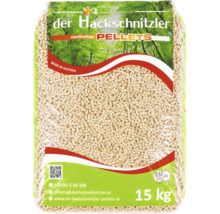 Sack mit 15 Kilogramm Holzpellets von der Hackschnitzler mit Zertifizierung EN plus A1 für Heizsysteme