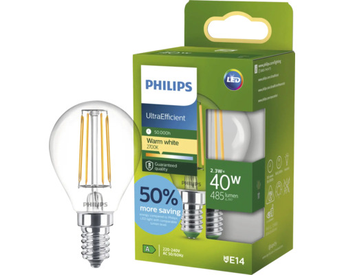 Philips LED Tropfenlampe E14 2,3 Watt entspricht 40 Watt warmweißes Licht 2700 Kelvin