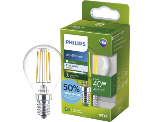Philips LED Filament Tropfenlampe E14 2,3 Watt 485 Lumen 4000 Kelvin UltraEfficient