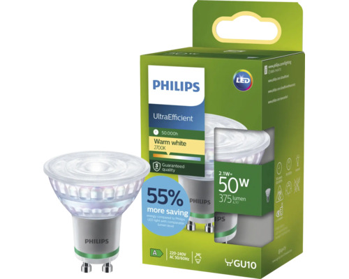 Philips LED Lampe GU10 2,1 Watt, warmweiß 2700 Kelvin, UltraEfficient für energieeffiziente Beleuchtung in der Produktverpackung.