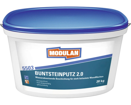 Modulan Buntsteinputz 2.0, wasserabweisende Fassadenbeschichtung fuer stark belastete Wandflaechen im 20 Kilogramm Eimer mit 2,0 Millimeter Koernung.