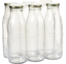 Ein Set aus mehreren leeren Glasflaschen mit Schraubverschluss in einer Folienverpackung für Lebensmittel oder Getränke.